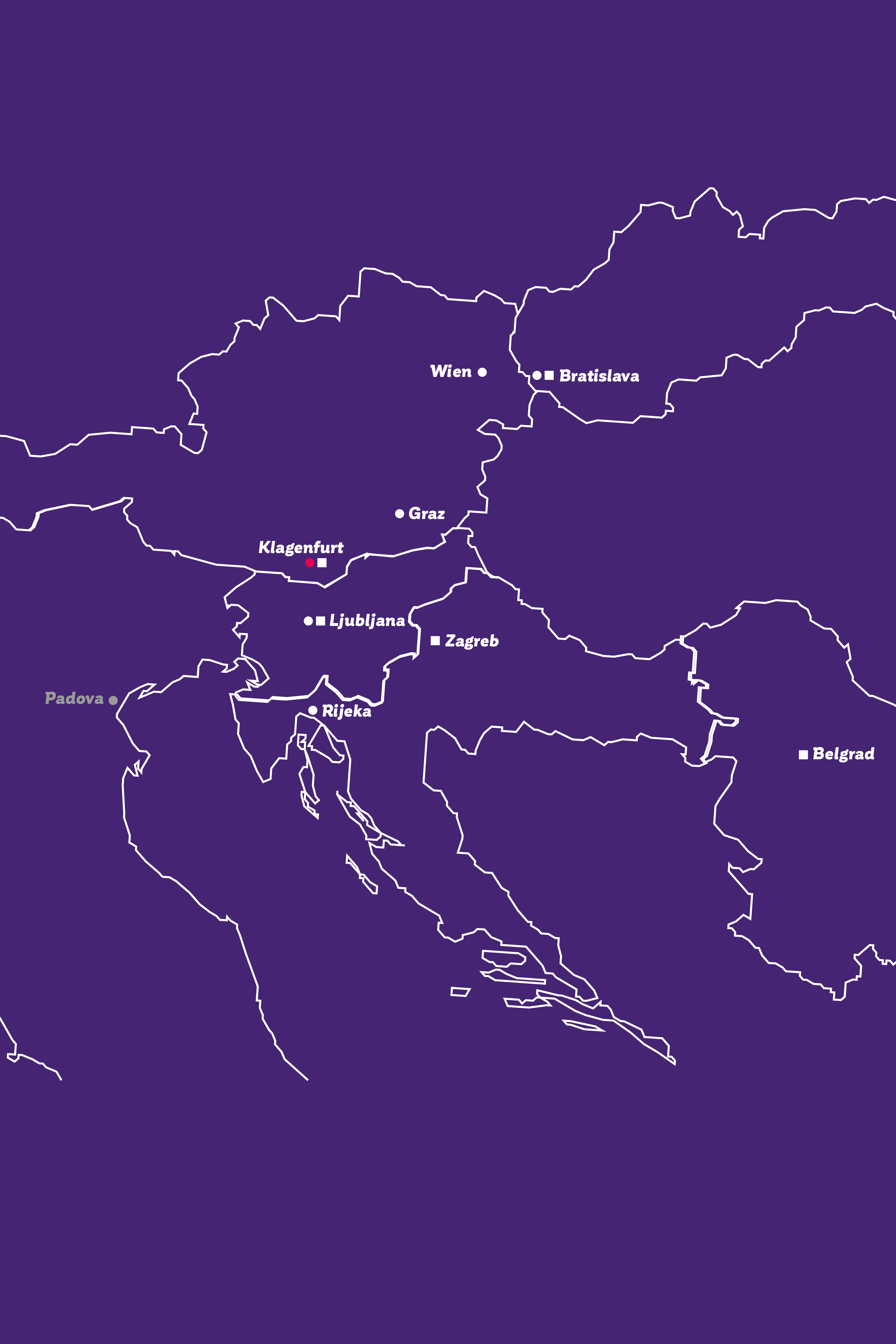 Mapa so značkami polohy - prítomnosť BKS Bank v strednej a juhovýchodnej Európe.