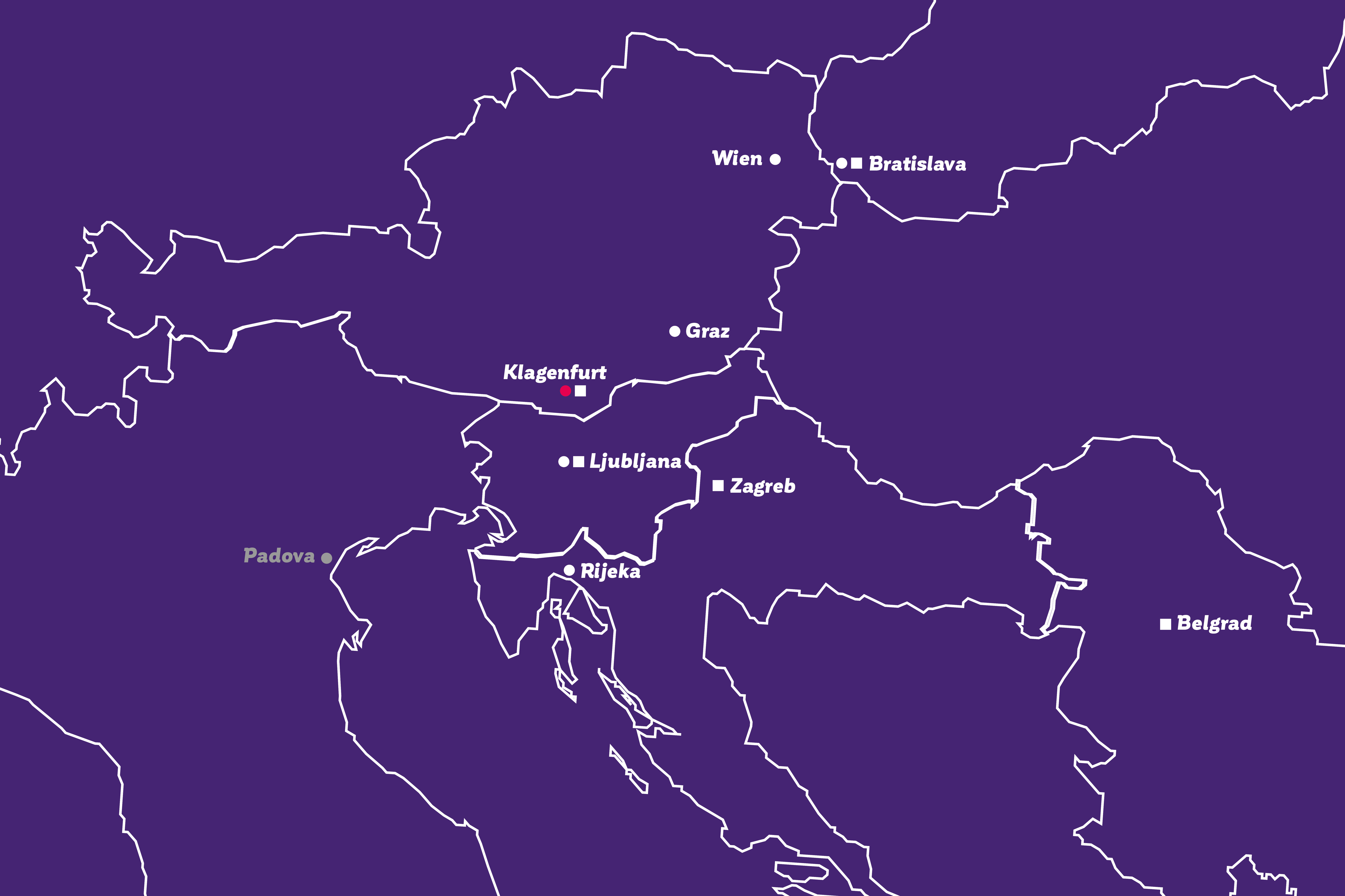 Mapa so značkami polohy - prítomnosť BKS Bank v strednej a juhovýchodnej Európe.